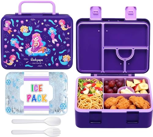 rockpapa Chill Bento Box for Kids- Large 5.5 Cups Lunch Box with Ice Pack - 5 Compartments, BPA-Free, Leak Proof, with Utensils & Portable Handle, Microwave/Dishwasher Safe (Purple Mermaid) - color: Purple Mermaid