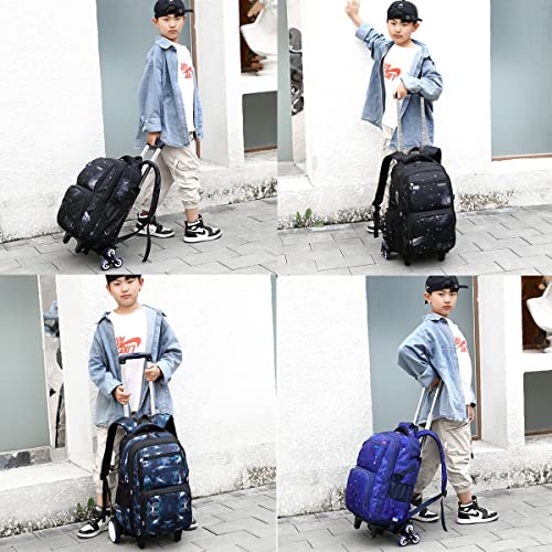 VIDOSCLA Elementary Galaxy Teens Rolling Backpack Kids Boys Luggage with Wheels Trolly BookBag for School-6 Wheels - color: Black Blue-6 Wheels, style: 6 Wheels