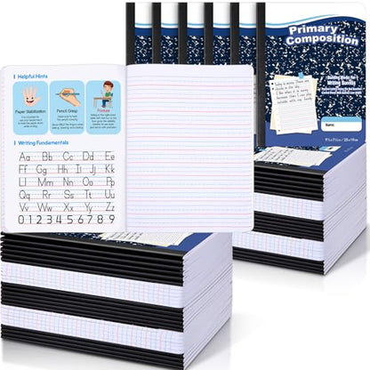 Watersay 60 Pack Primary Ruled Composition Notebook, Grade K-2 Journal 50 Sheets, 7-1/2" x 9-3/4" Primary Composition Book Writing Notebook for Kids Kindergarten Preschool 1st 2nd Grad (Blue) - color: Blue