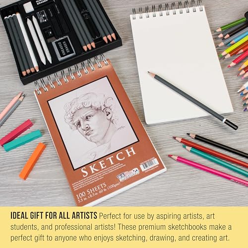 U.S. Art Supply 5.5"x8.5" Top Spiral Bound Sketch Book, 2 Pack, 100 Sheets Each, 60lb (100gsm), Acid-Free, Artist Sketchbook, Drawing Pad for Adults & Students - size: 5.5-x-8.5-inch