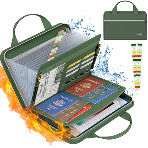 Tamfile Fireproof Accordion File Organizer, 13 Pocket Expanding File Folder | Document Organizer with Handle, File Folder with Multi-Pockets Paper Organizer for A4 File, Green - color: Green, style: Clear Pocket