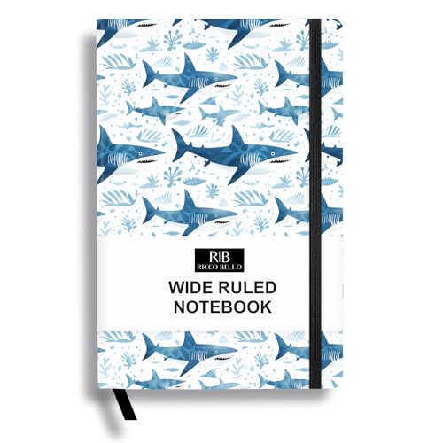 RICCO BELLO Wide Ruled Hardcover Diary Journal, Blue Shark | For Kids, Tweens, Bookmark, Band Closure, Storage Pocket, 5.7 x 8.4 Inches, 192 Pages - color: Blue Shark