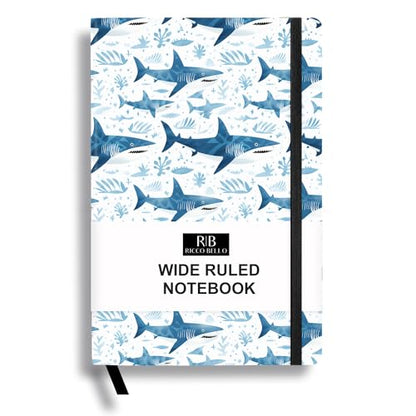 RICCO BELLO Wide Ruled Hardcover Diary Journal, Blue Shark | For Kids, Tweens, Bookmark, Band Closure, Storage Pocket, 5.7 x 8.4 Inches, 192 Pages - color: Blue Shark