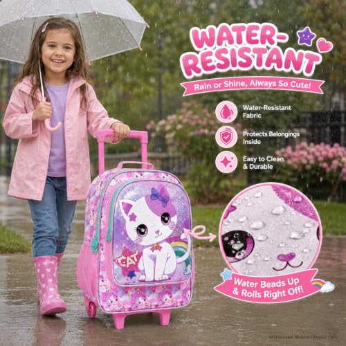 AGSDON 3PCS Kids Rolling Backpack, Girls Roller Wheels Bookbag, Wheeled Elementary School Bag with Lunch Bag - White Cat - color: White Cat Roller
