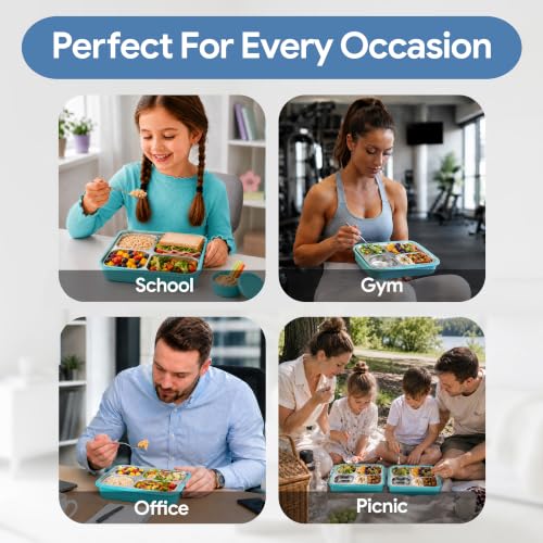 Large 10 x 7.5" Stainless Steel Bento Lunch Box with 4 Compartments Leakproof Lid BPA-Free 304 Stainless Steel Food Container That Keeps Food Separate for Adults and Kids School Office and Travel,Blue - color: Blue