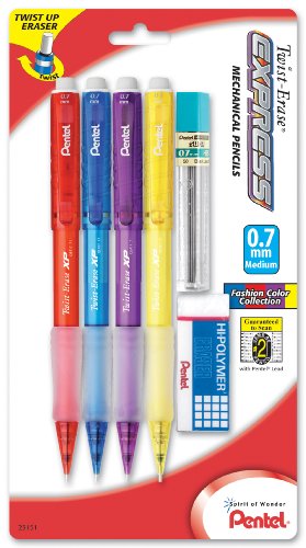 Pentel Twist-Erase EXPRESS Mechanical Pencil, 0.7mm, Assorted Fashion Barrels (QE417FLZBP4) - size: 1 Count (Pack of 1)