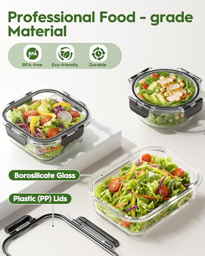 Canfanni 40 Piece Glass Food Storage Containers with Lids, Borosilicate Meal Prep Containers, BPA-Free, Stackable, Airtight Leak-Proof, Microwave, Dishwasher, Freezer Safe (20 lids & 20 Containers)