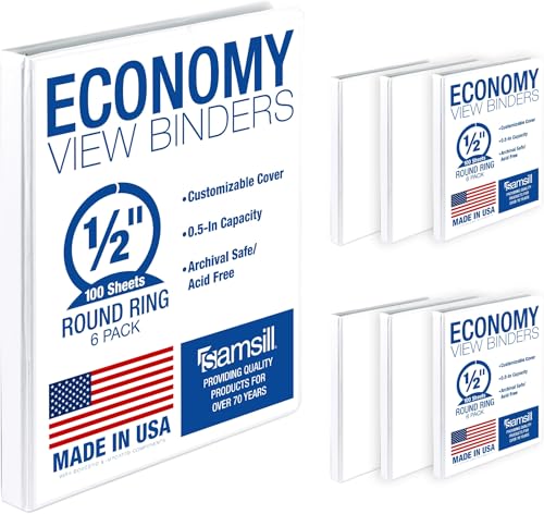 Samsill 0.5 Inch 3 Ring Binder, Economy Round Ring, Clear View Cover, 100 Sheet Capacity - for School, Home, Office - White, 6 Pack - color: White, size: 6-Pack, style: 0.5-Inch