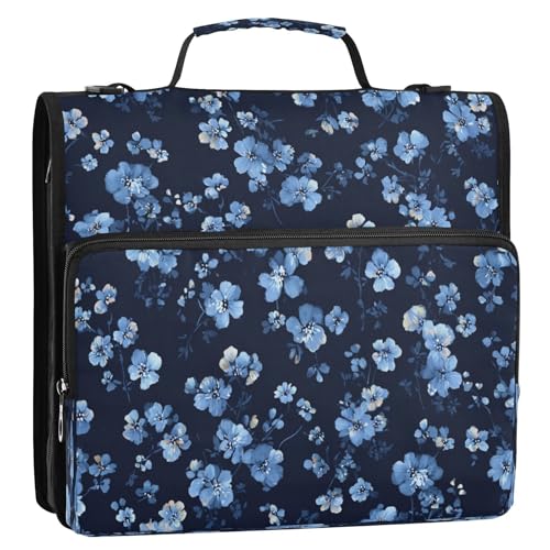 Kigai Blue Flowers 3 Ring Zipper Binder 1.5 inch D Ring Binder Organizer with Shoulder Strap Multi-Pocket Expanding File Folder Tote Bag for School Office