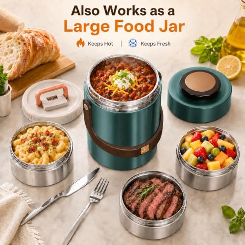 67 oz Adults Stainless Steel Vacuum Insulated Wide Mouth Soup Food Thermo Hot Food Jar with Keep Thermal Portable 3 Tier Stackable Bento Hot Food Containers Lunch Boxes (67 oz Green) - color: 67 oz Green