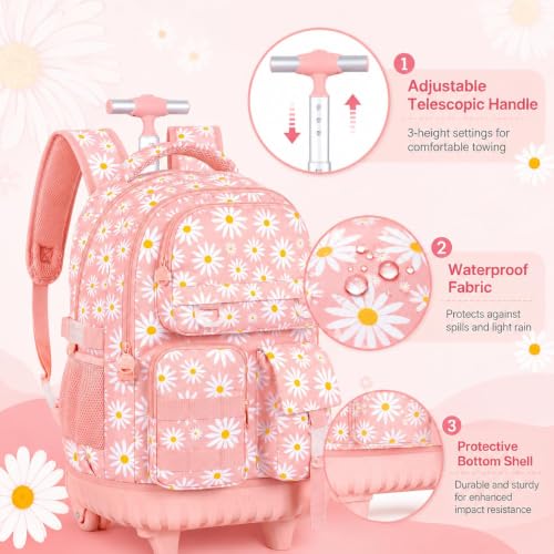 WZLVO 3PCS Rolling Backpack for Girls, Water Resistance Roller Bookbag, Women Aesthetic Wheeled School Bag Set with Lunch Bag & Pencil Bag for Teens & Kids - Pink Chrysanthemum - color: 3pcs Girls Rolling Backpack - Pink Chrysanthemum