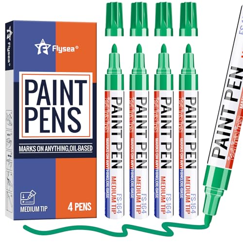 Green Paint Pens Permanent Marker Pen 4 Pcs Waterproof Oil Based Paint Markers 3mm Medium Round Tip Quick-drying Paint Marker Pens for Rock Painting, Black Paper, Metal, Tyre, Glass, Wood - color: Green