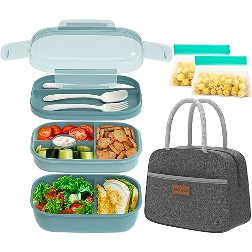 JBGOYON Leakproof Bento Box & Insulated Lunch Bag Set, 4-Piece, Gray/Green | 6-hour thermal retention, includes nested knife fork spoon, 2 reusable snack pouches, designed for adults and kids - color: Green