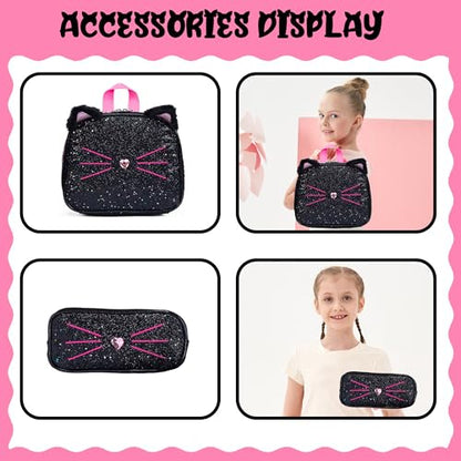 Meetbelify Girls Cute Backpack with Wheels for Elementary Students Kids Black Travel Luggage - color: Black Leopard Cat