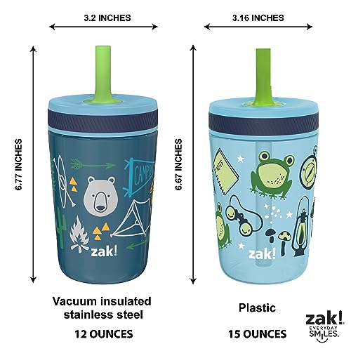 Zak Designs Campout and Camping Kelso Tumbler Set, Leak-Proof Screw-On Lid with Straw, Bundle for Kids Includes Plastic and Stainless Steel Cups with Bonus Sipper, 3pc Set, Non-BPA - color: Campout and Camping, size: 3 Piece Set (Pack of 1)