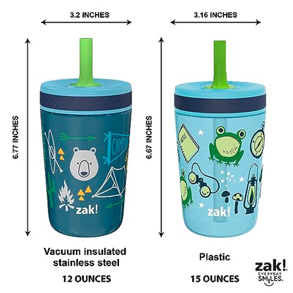 Zak Designs Campout and Camping Kelso Tumbler Set, Leak-Proof Screw-On Lid with Straw, Bundle for Kids Includes Plastic and Stainless Steel Cups with Bonus Sipper, 3pc Set, Non-BPA - color: Campout and Camping, size: 3 Piece Set (Pack of 1)