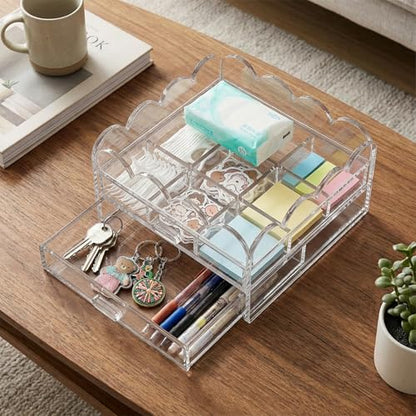 Scalloped Clear Acrylic 2-Drawer Organizer 5" x 5" with Removable 9 Compartment Divider, Storage Case for Sewing Supplies and Small Jewelry