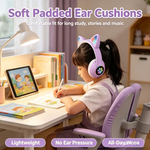 Cat Wireless Headphones for Kids & Adults, Bluetooth Foldable & Wired Multi-Function LED Light Up Over Ear Headphones with Mic and Volume Control for iPhone/iPad/Laptop/PC(Lilac) - color: lilac