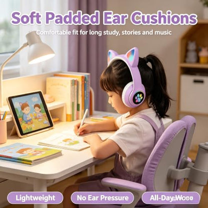 Cat Wireless Headphones for Kids & Adults, Bluetooth Foldable & Wired Multi-Function LED Light Up Over Ear Headphones with Mic and Volume Control for iPhone/iPad/Laptop/PC(Lilac) - color: lilac