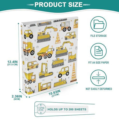 Pattern Cute Construction Vehicles Round Ring Binders 1.5 Inch 3 Ring Binder with Clipboard Holds 200 Sheets Office Home School - color: Multicolored 12