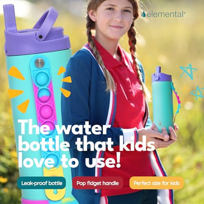 Elemental Iconic Kids Water Bottle with Straw Lid & Stress Relief Pop It Handle, Leak-Proof When Closed, Triple Insulated Kids Stainless Steel Water Bottle For Girls and Boys, 14oz - Blue Tie Dye - color: Blue Tie Dye, size: 14 Ounces