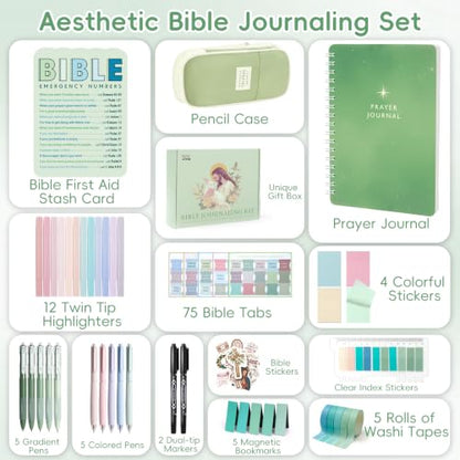 XKDOUS Bible Study Supplies Journaling Kit for Women, Bible Study Kit Journaling Supplies with Prayer Journal, Highlighters, Emergency Card, Pencil Case and More, Christian Gifts for Women, Green - color: Bible Kit - Deluxe (Green)