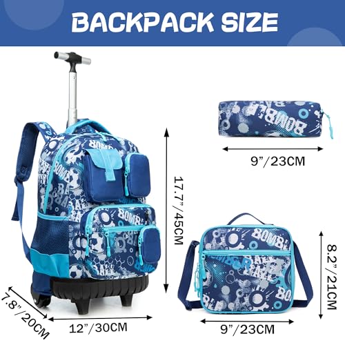 Meetbelify Rolling Backpack for Girls Boys Backpacks with Wheels Kids Carry on Luggage for Girls Boys - color: Boy Football