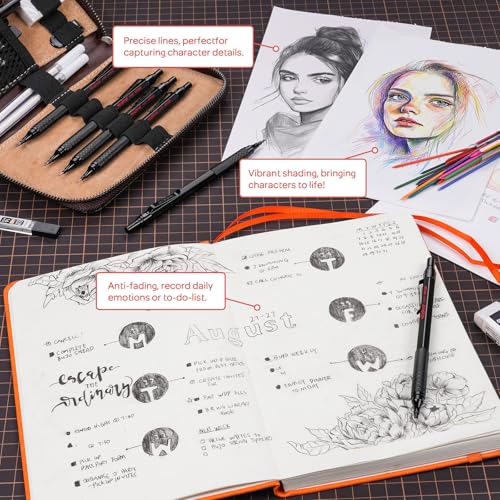 Nicpro 30PCS Black Metal Mechanical Pencil Set in Leather Case, Art Drafting Pencil 0.5, 0.7, 0.9 mm, 2mm Lead Pencil Holders for Sketching Drawing With 16 Tube (6B 4B 2B HB 2H 4H Colors)Lead Refills - color: Black