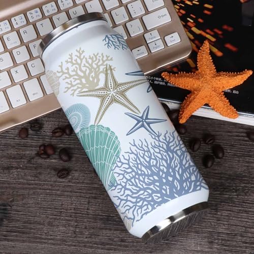 T&H XHome Rustic Nautical Coastal 14oz Stainless Steel Tumbler with Lid & Straw-Double Wall Vacuum Insulated Travel Mug Ocean Sea Star Coral Shell Water Bottle Coffee Beverage Drinks Cup - size: 14 Ounces