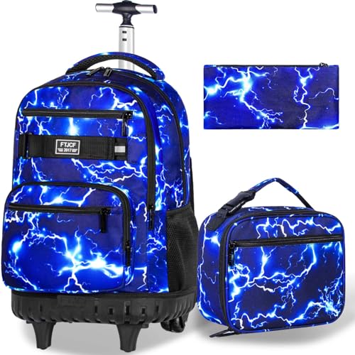 gxtvo Rolling Backpack for Men, Wheeled Bookbag with Lunch Box for Adults, Kids Water Resistant Roller School Bag for College Teens Boys Travel - Lightning Blue - color: Lightning Blue