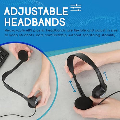 Egghead Over-Ear Kids' Stereo Headphones with 3.5 mm. Audio Jack and 4'3" Cord, Adjustable Stereo School Headphones for Kids, Pack of 20, Black - size: 20 Pack