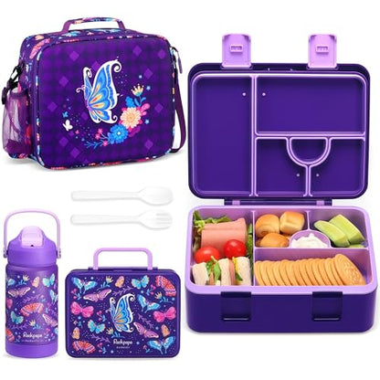 rockpapa Kids Lunch Box Set with 14oz Insulated Water Bottle & Lunch Bag, Leakproof 5.5 Cups Bento Box for School & Children, BPA-Free, Microwave Safe for Boys Girls (Purple Butterfly) - color: Purple Butterfly