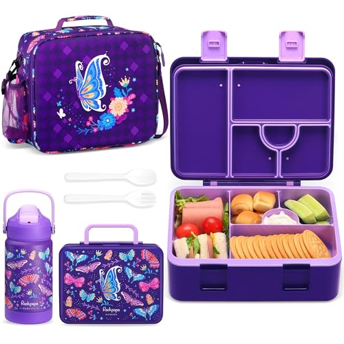 rockpapa Kids Lunch Box Set with 14oz Insulated Water Bottle & Lunch Bag, Leakproof 5.5 Cups Bento Box for School & Children, BPA-Free, Microwave Safe for Boys Girls (Purple Butterfly) - color: Purple Butterfly