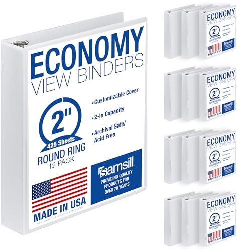 Samsill 2 Inch 3 Ring Binders, Economy Round Ring, Clear View Cover, 425 Sheet Capacity - for School, Home, Office - White, 12 Pack - color: White, size: 12-Pack, style: 2-Inch