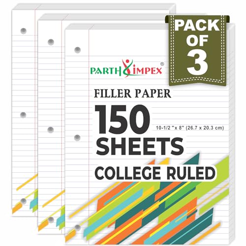 PARTH IMPEX Loose Leaf Paper College Ruled, 450 Sheets, 3 Hole Punched | 3 packs of 150 sheets, 56 gsm white filler notebook paper, 8" x 10.5" for 3-ring binders, school home office uses