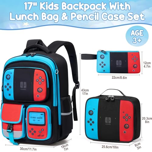 Fimibuke Kids Backpack for School Boys, 3 PCS Gamer Teen Boys Backpack with Lunch Box & Pencil Case, Gaming Bookbag for Kid Children Student Kindergarten Elementary Middle High School Travel Backpacks - color: Black