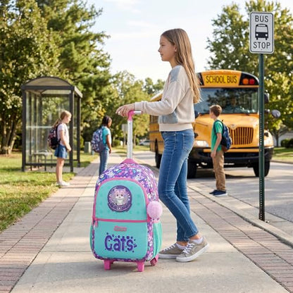Girls Rolling Backpack with Lunch Box School Backpacks with Wheels 16.5" Roller Backpack for Girls, 3pcs Kids Wheeled Bookbag for Elementary School - color: Lansemao