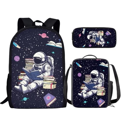 Cute Astronaut School Backpack Set 3Pcs with Lunch Box Pencil Case Boys Backpacks Ages 6-18 Portable Lunch Bag Multifunctional Pencil Case Gift for Girls Boys - color: Cute Astronaut