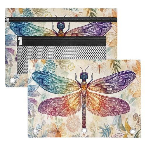 Colorful Dragonfly Pencil Pouch for 3 Ring Binder Watercolor Flower Pencil Case Bag with Clear Window Zipper Pockets for Kids Girls Boys Students School College Supplies 2 Pack - color: Orange Red Purple