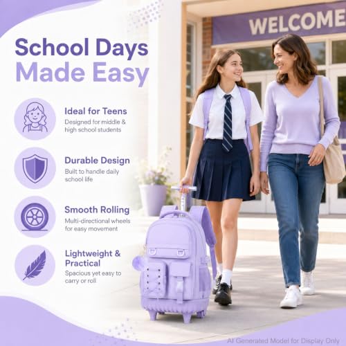 KLFVB Girls Rolling Backpack, 3PCS Wheeled Bookbag with Lunch Bag for Kids, Roller School Bag for Teen - Purple Ribbon Bow - color: Purple Ribbon Bow Rolling Backpack