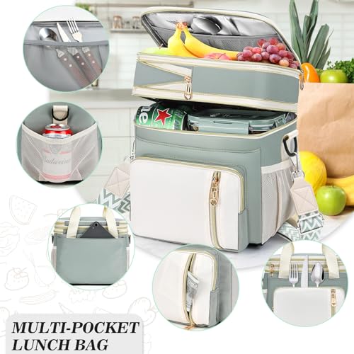 LOKASS Lunch Box & Lunch Bag for Women Men Double Deck,Large Insulated Adult Lunch Box Leakproof Lunchbox Cooler Bag for Work Picnic Beach,（Olive Green16L） - color: Olive Green