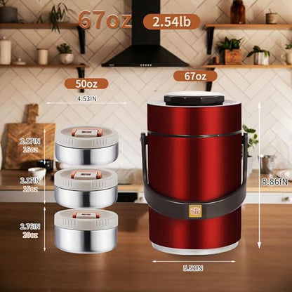 67 oz Adults Stainless Steel Vacuum Insulated Wide Mouth Soup Food Thermo Hot Food Jar with Keep Thermal Portable 3 Tier Stackable Bento Hot Food Containers Lunch Boxes (67 oz Red) - color: 67 oz Red