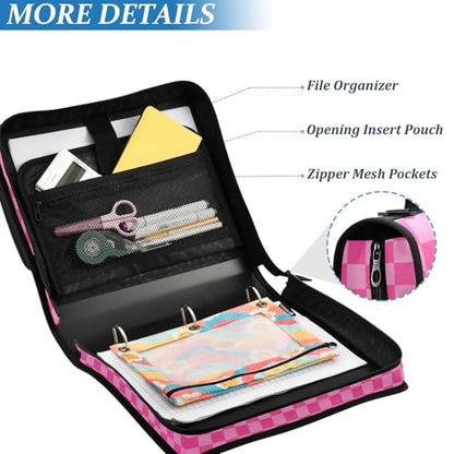 Zipper Binder Bag 3 Ring File Folder Portfolio Organizer Zippered Binder Bags with Strap Fits Laptop Women Men - color: 26-pink Checkered