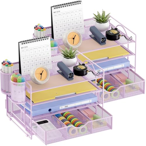 Marbrasse Desk Organizer and Accessories, 4-Tier Paper File Letter Tray Accessories & Workspace Desk Organizers with Drawer and 2 Pen Holders for School Home Office Supplies (Purple) 2Pack - color: Purple with Pen Holder 2P
