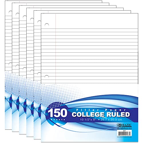 BAZIC Products College-Ruled Filler Paper, 150 Sheets, 6-Pack | 10.5 x 8 in, 3-hole punched, fit 3-ring binders, notes and homework - color: College Ruled (150 Sheets), size: 6-Pack