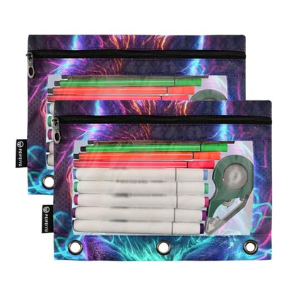 Neon Wolf Galaxy Wolves Pencil Pouch for 3 Ring Binder 2 Pack Zipper Binder Pencil Bag with Clear Window Pencil Case for Office Supplies - color: Multi71