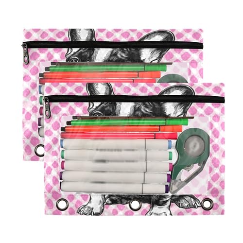 Kcldeci Pencil Pouch for 3 Ring Binder, Dog Breed French Bulldog 2 Pack Binder Pencil Pouch with Clear Window Pencil Bags with Zipper Pencil Case for Binder - color: C09