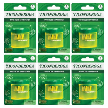 Ticonderoga Two-Hole Manual Pencil Sharpener for Standard and Beginner Pencils, Yellow/Green, 2" x 2" x 1.25", German-Engineered, 6 Count - style: 2-Hole, 6-Pack