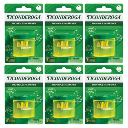 Ticonderoga Two-Hole Manual Pencil Sharpener for Standard and Beginner Pencils, Yellow/Green, 2" x 2" x 1.25", German-Engineered, 6 Count - style: 2-Hole, 6-Pack
