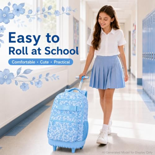 gxtvo Girls Backpack with Wheels, Women Roller Bookbag with Lunch Box for Adults, Water Resistant Wheeled School Bag for College Teens Kids Travel - Blue Flower - color: Girls Rolling Backpack Blue Flower